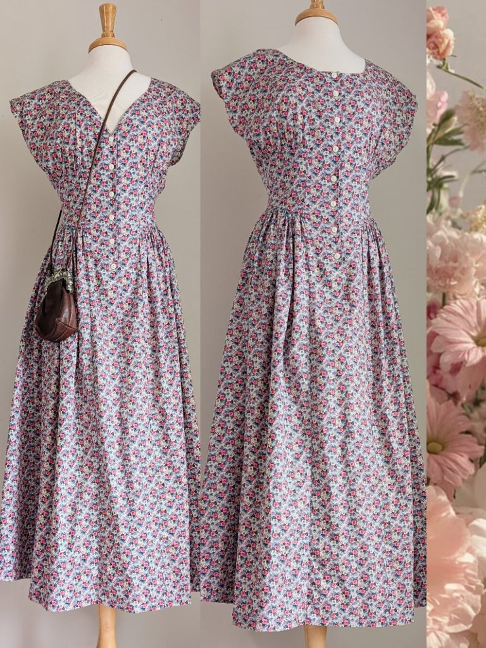 Vintage Floral Button Front Cinched Waist Cotton Midi Dress Size Small 80's - Picture 3 of 11